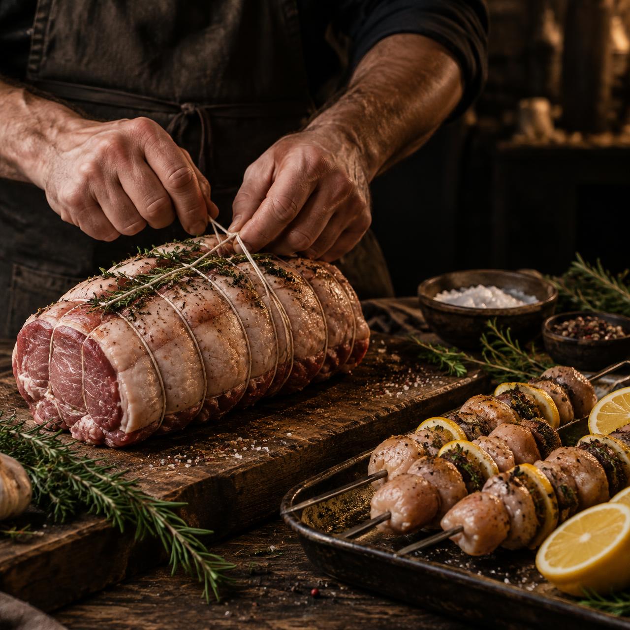 Boucher ficelant un rôti de veau